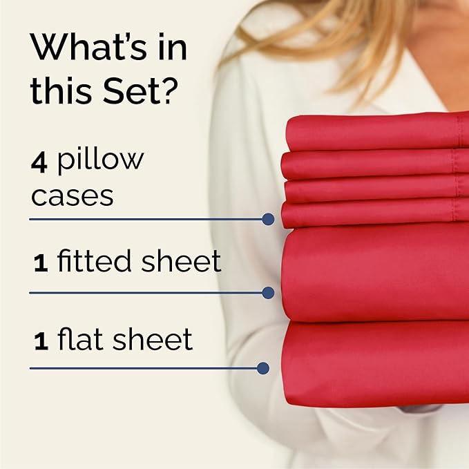 Cal King 6 Piece Sheet Set - Comfy, Breathable & Cooling - Hotel Luxury Bedding for Women, Men, Kids, Teens and Children - 1 Flat & 1 Fitted Sheet & 4 Pillowcases w/ Deep Pockets - Wrinkle Free - Red