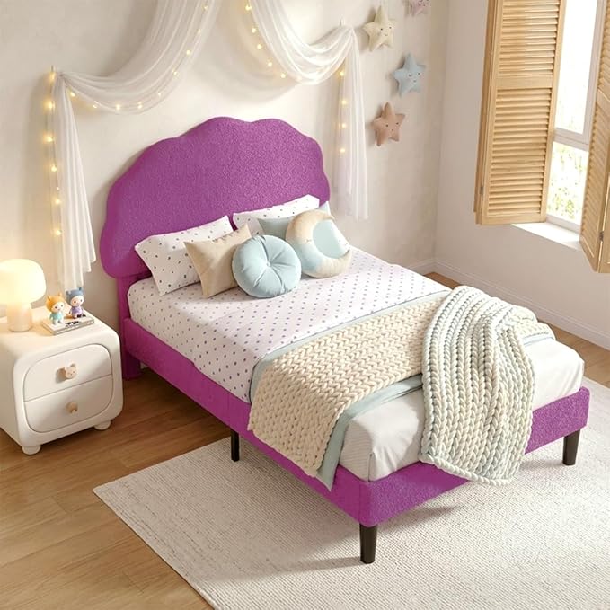 VECELO Twin Size Bed Frame, Upholstered Platform Bedframe with Height Adjustable Plush Fabric Headboard, Strong Wood Slat Supports, No Box Spring Needed, Purple