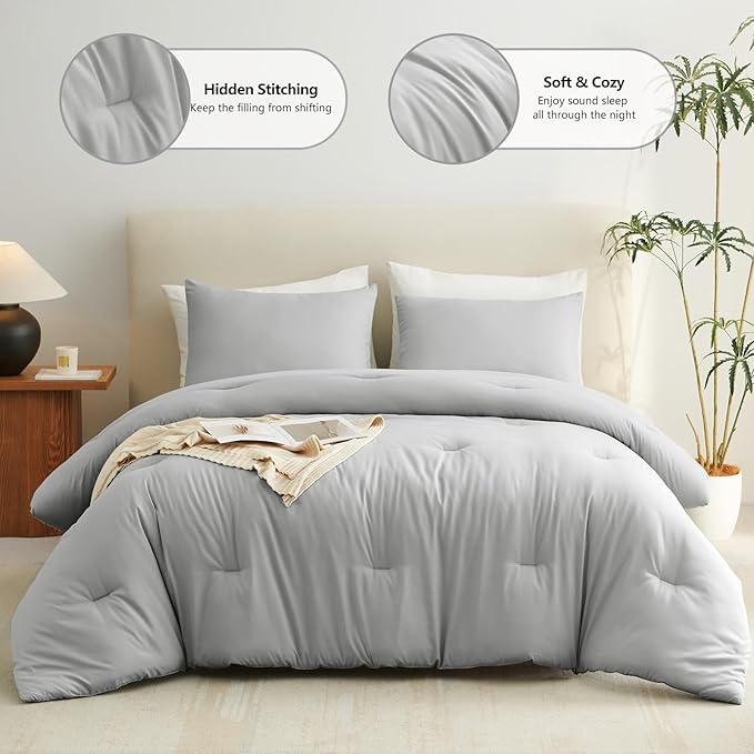 CozyLux Full Size Comforter Set Light Grey, 3 Pieces Solid Breathable Quilted Bedding Sets, Light Gray Luxury Lightweight Soft Bed Set with Down Alternative Comforter and 2 Pillowcases for All Seasons