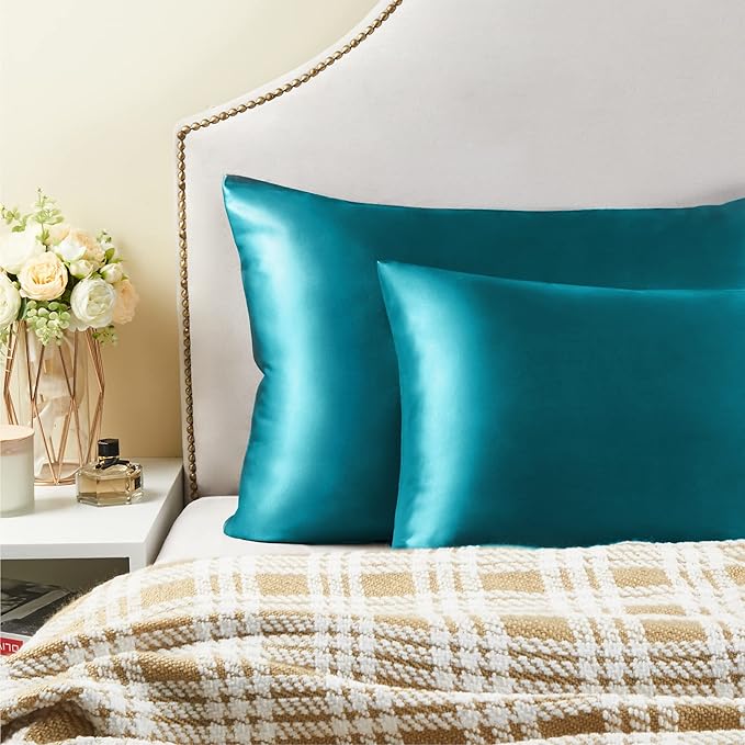 BEDELITE Satin Pillowcase for Hair and Skin, Super Soft and Cooling Similar to Silk Pillow Cases 2 Pack with Envelope Closure, Gift for Women Men(20"x30" Queen Size, Teal)