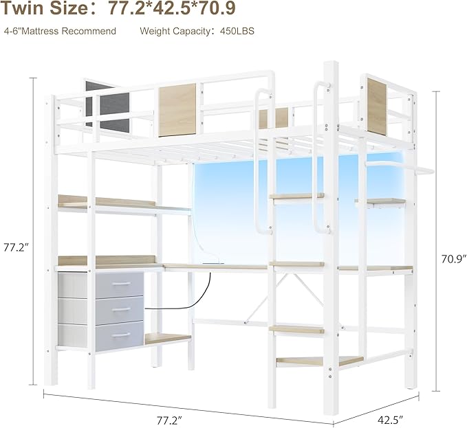 Garvee Twin Loft Bed with Desk and Stairs, Heavy Duty Loft Bed with RGB LED Lights, Charging Station, 3 Fabric Storage Drawers & 2 Open Shelves, No Box Spring Needed