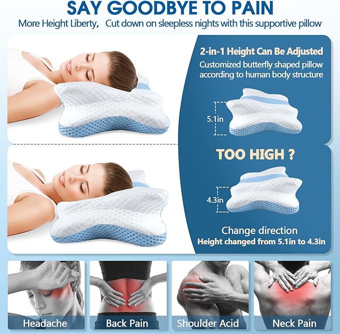 CHxxy Memory Foam Pillows, Cervical Pillow for Neck and Shoulder Pain Relief, Ergonomic Contour Bed Pillow, Soft for Side Sleep Stomach Sleeping and Back Sleeper-Queen Size & Light Blue