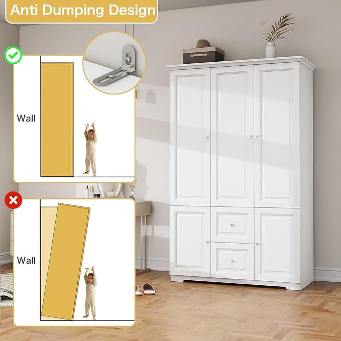 Armoire Wardrobe Closet with 3 Drawers: 74" White Wardrobe Closet with 3 Doors, Large Wardrobes Closets for Hanging Clothes, Bedroom Armoires and Wardrobes