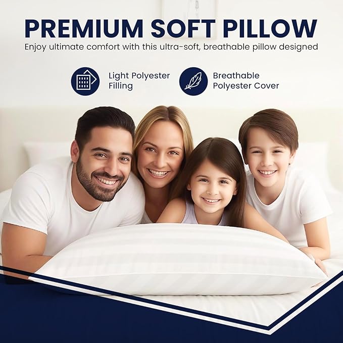 Bed Pillows for Sleeping, Set of 2 – Cooling, Hotel Quality with Soft Down Alternative Fill for Back, Stomach & Side Sleepers | White Striped Queen