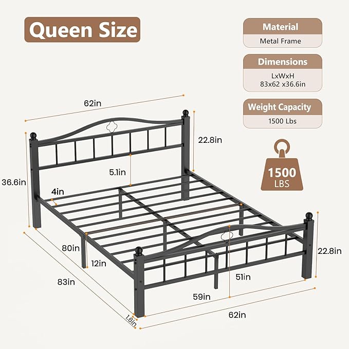 Metal Queen Bed Frames with Headboard, 1500lb No Squeak Metal Platform with Headboard, 12" Underbed Storage, Tool-Free 30-Min Assembly No Box Spring Needed for Dorms/Apartments