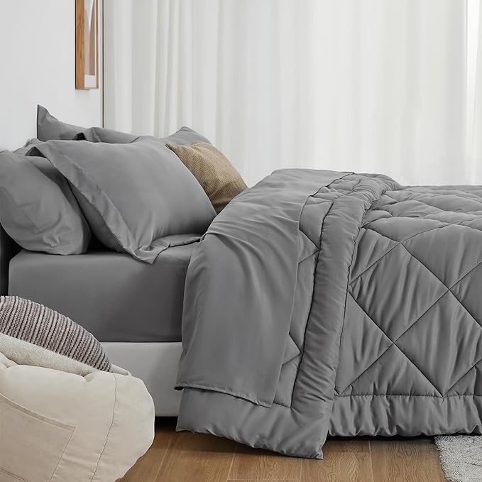 Love's cabin King Size Comforter Set Grey, 7 Pieces King Bed in a Bag, All Season Bedding Sets with 1 Comforter, 1 Flat Sheet, 1 Fitted Sheet, 2 Pillowcase and 2 Pillow Sham | Soft, Breathable, Lightweight, Comfortable