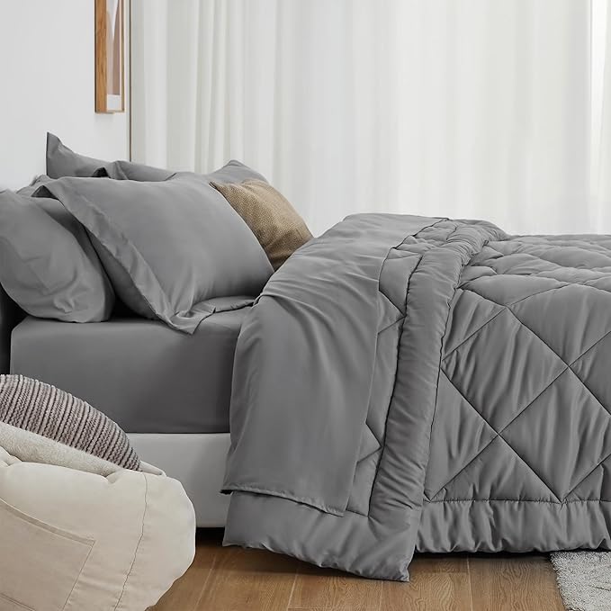 Love's cabin Full Comforter Set Grey, 7 Pieces Full Bed in a Bag, All Season Bedding Sets with 1 Comforter, 1 Flat Sheet, 1 Fitted Sheet, 2 Pillowcase and 2 Pillow Sham | Soft, Breathable, Lightweight, Comfortable