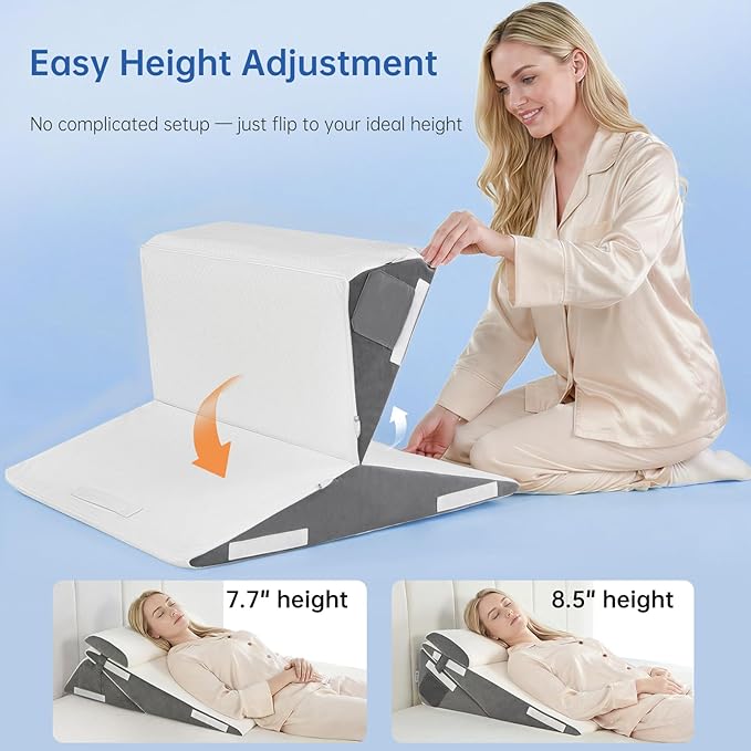 Vekkia 7-in-1 Adjustable Wedge Pillow Set for After Surgery – 2PCS Extra-Wide Bed Wedge Pillow for Adults, Ergonomic Headrest, Washable Cover for Acid Reflux, Back Pain, Sleeping, Snoring, White/Grey