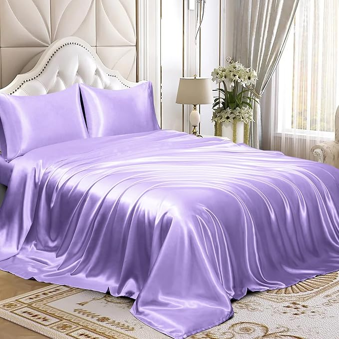 Homiest 3pcs Satin Sheets Set Luxury Silky Satin Bedding Set with Deep Pocket, 1 Fitted Sheet + 1 Flat Sheet + 1 Pillowcase (Twin Size, Lavender)