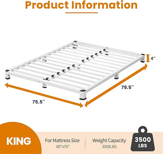 NKZ King Platform Bed Frame 4 Inch, Heavy Duty Metal Low Profile Bed Frame with Round Corner Legs, 3500lbs Weight Capacity Reinforced Frame, No Box Spring Needed，Noise-Free, Easy Assembly