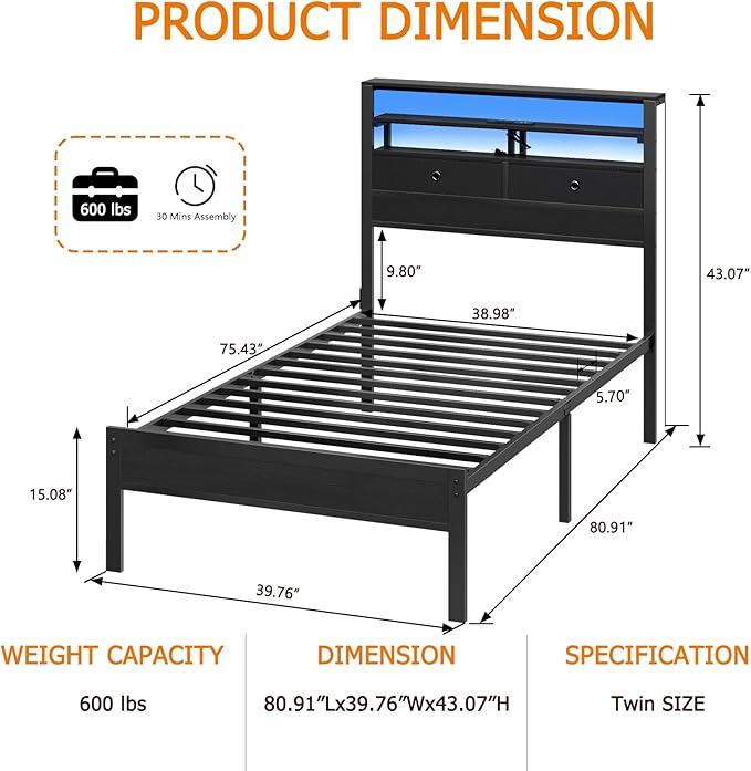 Furnulem Twin Bed Frames with Charging Station and LED Lights, Wood Headboard with 2 Fabric Drawers and Storage Shelves, Twin Size Platform Bed with Metal Slats, No Box Spring Needed, Black Oak