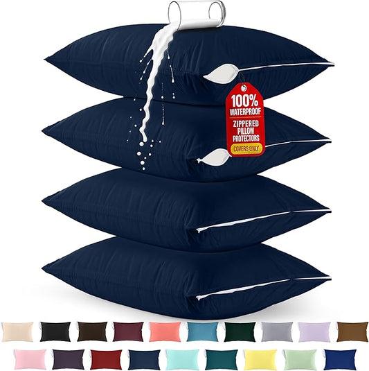Utopia Bedding Premium 100% Waterproof Pillow Protectors with Zipper Queen Size (Set of 4), Bed Bug and Dust Mite Proof Zippered Pillow Covers, Pillow Encasement Cases, Navy