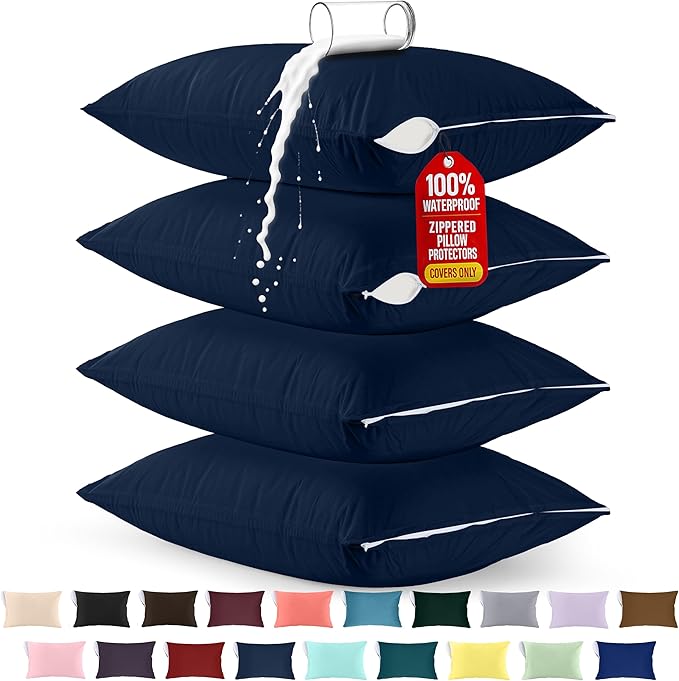 Utopia Bedding Premium 100% Waterproof Pillow Protectors with Zipper Standard Size (Set of 4), Bed Bug and Dust Mite Proof Zippered Pillow Covers, Pillow Encasement Cases, Navy