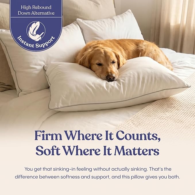 FluffCo Zen Fluff™ Down Alternative Bed Pillow - Luxury Hotel Quality - 300 TC Cotton Shell - Pillows for Side, Back, and Stomach Sleepers - Made in USA - Standard/Queen Size 20" x 28", 1-Pack, Firm
