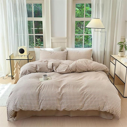 Nayoroom Brown Gingham Duvet Cover Full Size Tan White Plaid Checkered Duvet Cover Grid Dorm Bedding Set 3 Pieces Soft Lightweight Washed Microfiber Farmhouse Bedding with Pillowcases