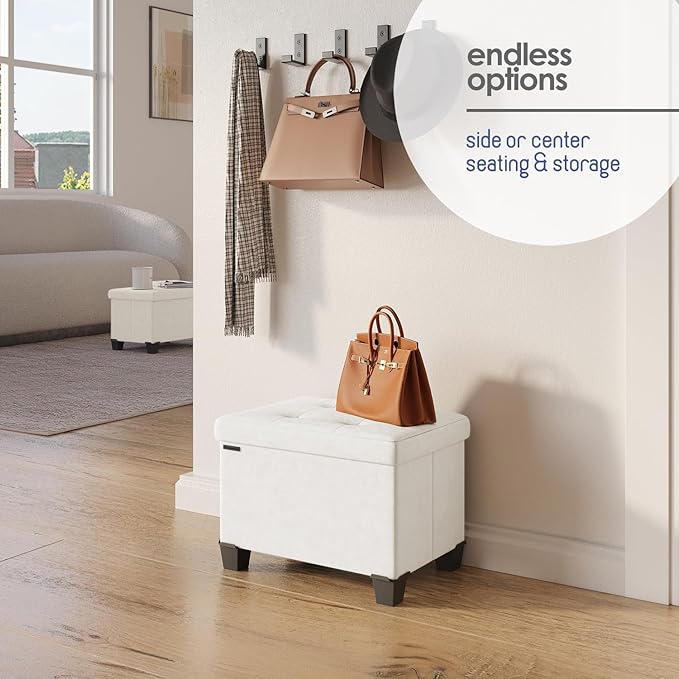 Storage Ottoman Cube with Small Bin, 16-in Square Ottoman with Storage for Living Room and Bedroom, Small Ottomans Foot Rest, Velvet Foot Stools Ottomans Max 330lbs, Cream