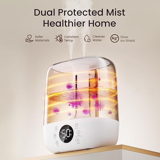 Provirtec 6L Self-Cleaning Humidifier for Large Room, CleanCare Warm & Cool Mist, No-Leak Design & Top Fill, 60 Hour Runtime, Quiet Ultrasonic Auto Mode with Remote Control for Bedroom & Home