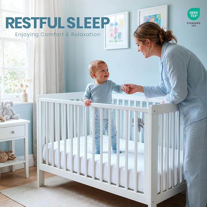 Crib Size Mattress Protector Waterproof, Premium 200 GSM Terry Mattress Cover, Soft & Breathable Bed Cover, Fitted Sheet Style Stretchable Deep Pockets 5" by Utopia Bedding (White)