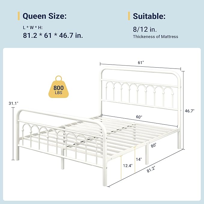 Allewie 14 Inches Queen Size Metal Platform Bed Frame with Victorian Style Curved Iron-Art Headboard/Footboard, Easy Assembly, Under Bed Storage, No Box Spring Required, Cream White