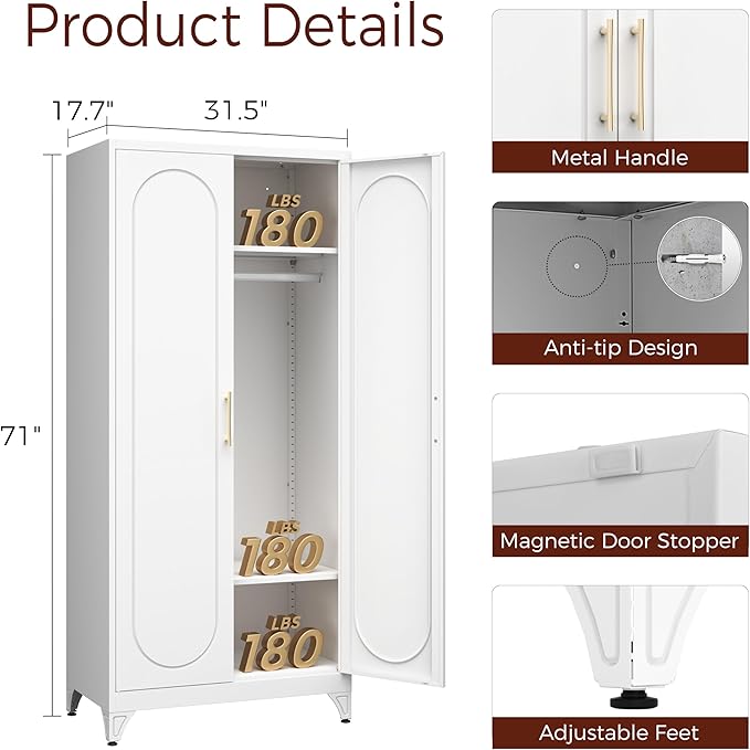 71" White Wardrobe Closet with 2 Doors, Metal Armoire Wardrobe Cabinet with Hanging Rod and Adjustable Shelves, Clothing Storage Cabinets for Bedroom, Laundry Room, Home Office