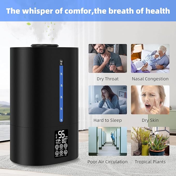 Coolfiqu 6L Humidifiers for Bedroom Large Room Home,Cool and Warm Humidifier for Baby and Plants Hot Mist Top Fill Desk Humidifier Oil Diffuser,Quiet,Auto Mode,360°Nozzle-Midnight Black(2026 Upgraded)