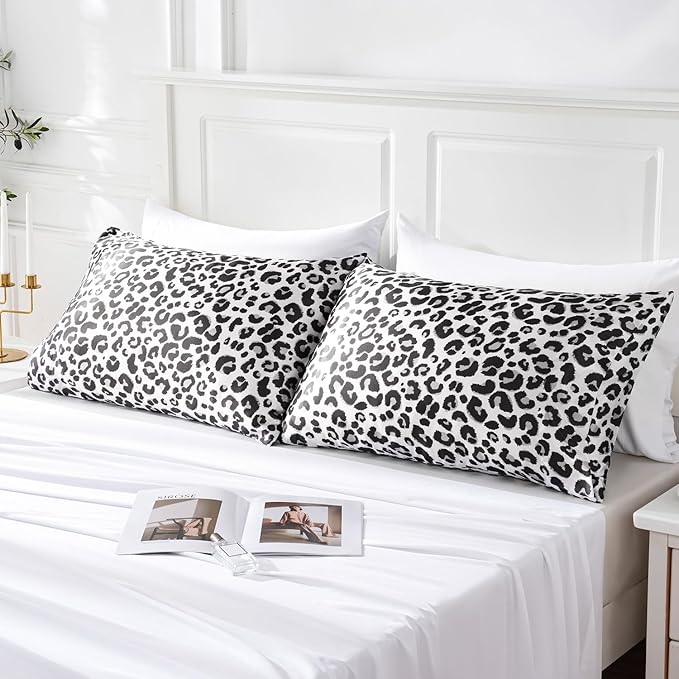 MR&HM Satin Pillowcase for Hair and Skin, Silk Satin Pillowcase 2 Pack, Queen Size Pillow Cases Set of 2, Silky Pillow Cover with Envelope Closure (20x30, White Leopard)