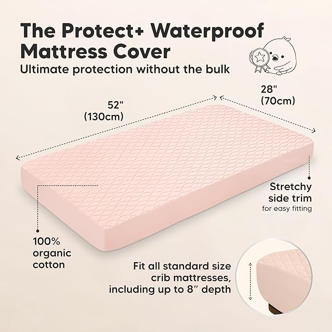 2-Pack Waterproof Crib Mattress Protector Cover Fitted - Quiet Baby Crib Mattress Pad Sheets, 52" x 28" Soft Quilted Cotton Baby Sheet, Machine Washable, Easy Fit, Durable (Mist Rose/Mavy)
