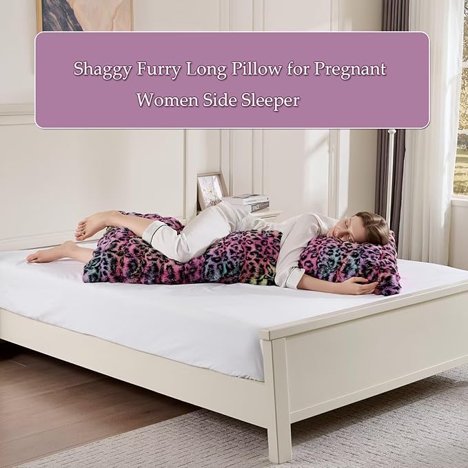 20x54 Fluffy Leopard Print Full Body Pillow,Cheetah Print Plush Fuzzy Faux Fur Body Pillows,Ultra Soft Bed and Sofa Pillow for Side Sleeper & Pregnancy,Furry Long Pillows-Rainbow Leopard
