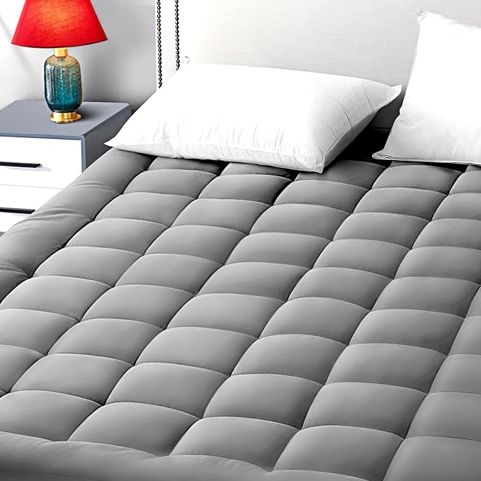 EASELAND California King Mattress Pad Pillow Top Mattress Cover Quilted Fitted Mattress Protector Long 8-21" Deep Pocket Cooling Mattress Topper (72x84 Inches, Light Grey)