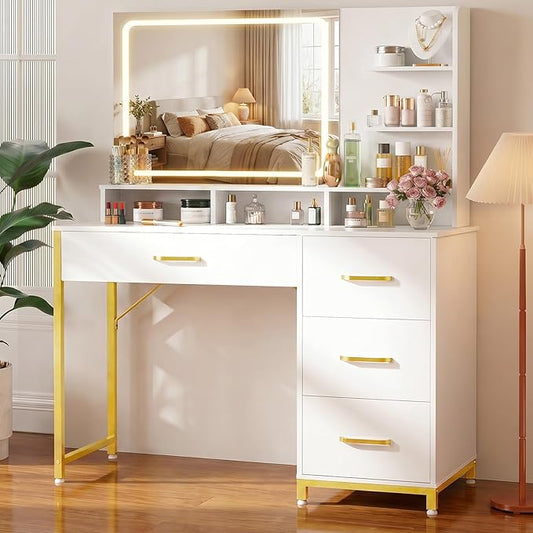 LUCKRACER Vanity Desk with LED Lights Mirror, Makeup Vanity with Storage Drawers and Shelves, Modern Dressing Table for Women Girls Bedroom, Ivory White