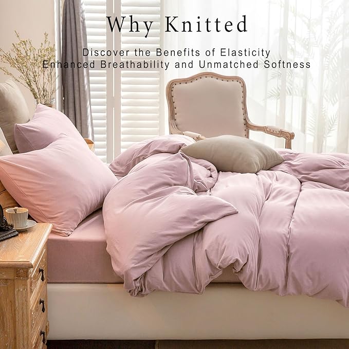 PURE ERA Jersey Knit Duvet Cover Set 100% T-Shirt Cotton Super Soft Comfy 3pc Bedding Set with Zipper Closure (Solid Light Pink, Queen, 90"X90")