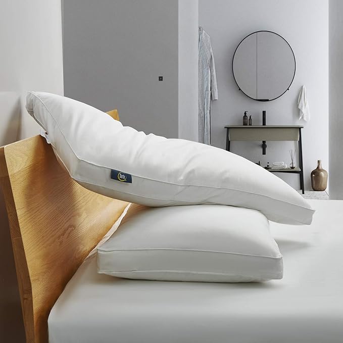 Serta 233 Thread Count White Goose Feather Down Fiber Pillows Medium Firm Jumbo Size Pillows Set of 2 Pack 100% Cotton Hotel Collection Bed Pillow for Side Sleeper