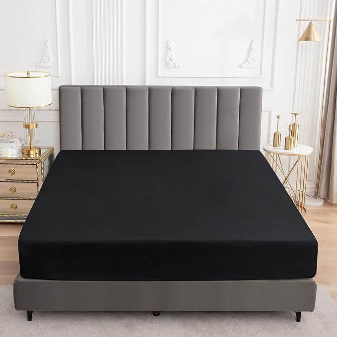 Sufdari Mattress Protector,Waterproof 18" Deep Pocket Mattress Cover Fitted Sheet Style with Elastic Rubber Band,Washable and Easy Care-Black,Queen