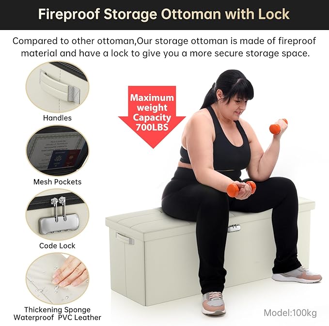 ENGPOW Storage Ottoman, Fireproof Folding Bench with Lock(15”x 43”x15”), Water-Resistant ＆ Heat Insulation Large Storage Chest with Handles＆2 Extra Spaces Safe for Living Room, Bedroom, Home, Beige