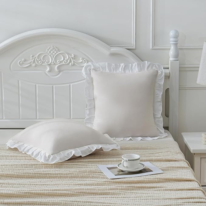 Merryword Beige and White Reversible Pillowcases 18x18 Throw Pillow Covers Pack of 2 Soft Microfiber Ruffle Decorative Pillowcase Cushion for Couch Sofa Bedroom