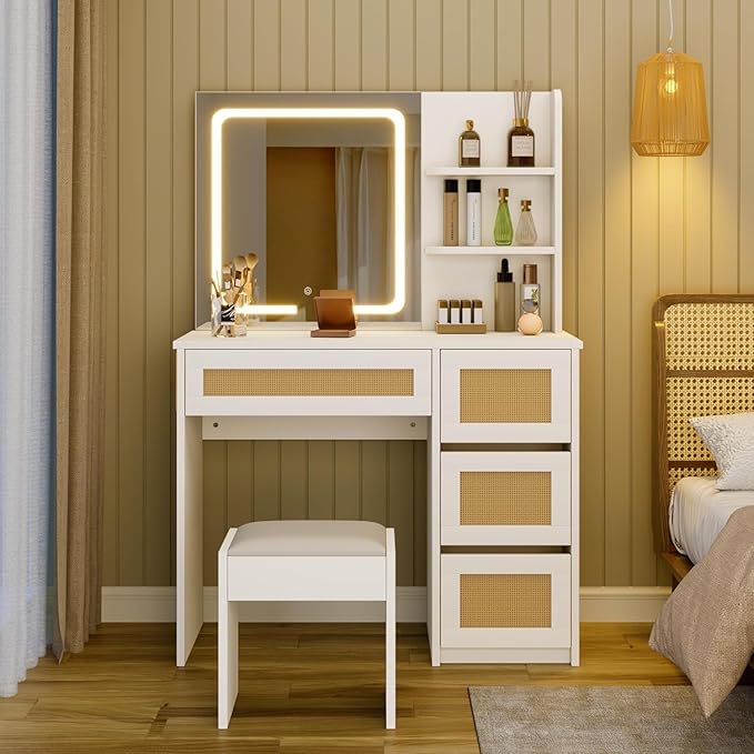 GarveeHome Rattan Vanity with Mirror, Makeup Vanity Desk with Adjustable LED Light, Large Storage Space and4 Drawers, 2 Tiers of Open Shelves for Bedroom in White & Natural