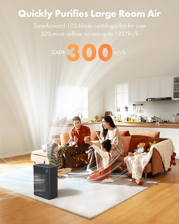 T356 New Black Air Purifier for Home Large Room Bedroom Up to 1937 Ft² in 1 Hr With Double-sided Air Inlet, Air Quality and Light Sensors, HEPA Sleep Mode for Allergies, Dust, Smoke, Pet Hair