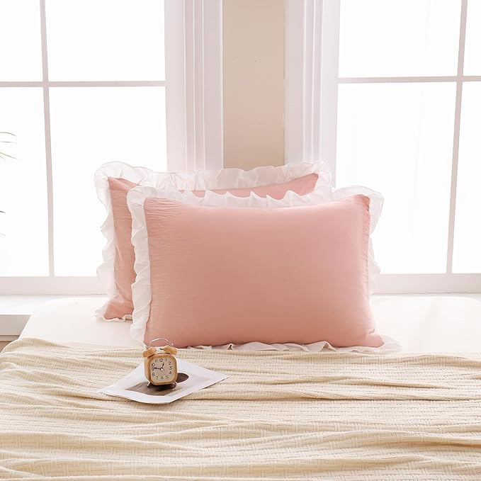 Merryword Pink Pillow Shams Standard Pillowcases 20x26inch Pink and White Reversible Cute Pillow Cover Set of 2 Soft Shabby Chic Ruffled Pillowcases