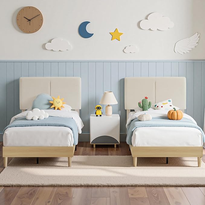 VECELO Twin Size Bed Frame Set of 2, Upholstered Platform with Height-Adjustable Cotton and Linen Headboard, Heavy Duty Wood Slats, Noise-Free, No Box Spring Needed, Easy Assembly, Beige