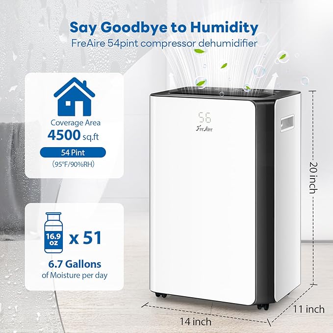 FreAire 54Pint Dehumidifier for 4500Sq.Ft, Compressor Dehumidifiers for Home, Front Humidity Value Display&Quiet Dehumidifier for Basement, Bedroom, Bathroom, with Drain Hose, 1.13 Gallon Water Tank
