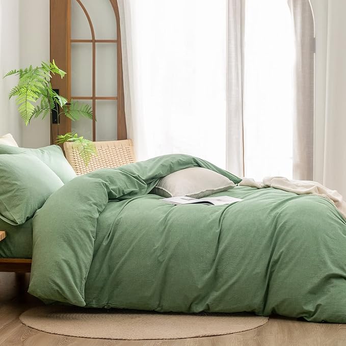 BESTOUCH Duvet Cover Set 100% Washed Cotton Linen Feel Super Soft Comfortable Chic Lightweight 3 PCs Home Bedding Set Light Grass Green Queen