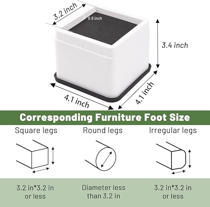 BTSD-home Bed Risers 3 or 6 Inch Heavy Duty Stackable Furniture Risers for Sofas Table Couch Chair Bed Raisers Set of 8 White