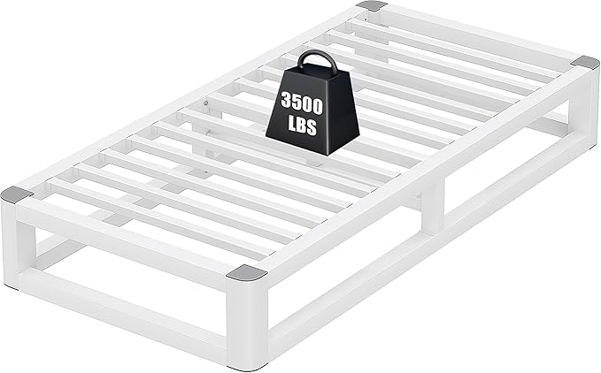 10 Inch Twin Bed Frames with Rounded Corner and Squeak Free U-Slot Design, Metal Platform Bed Frames 6 Non-Slip Guards, 3500lbs Heavy Duty Steel Slat Support, No Box Spring Needed, White