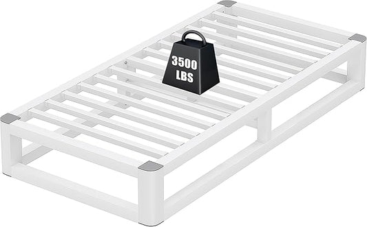 10 Inch Twin Bed Frames with Rounded Corner and Squeak Free U-Slot Design, Metal Platform Bed Frames 6 Non-Slip Guards, 3500lbs Heavy Duty Steel Slat Support, No Box Spring Needed, White