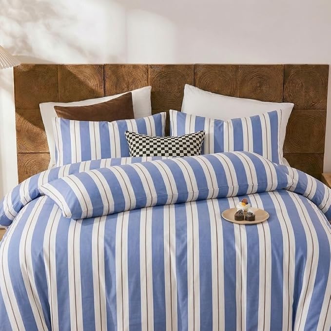 Merryword Blue and White Striped Pillowcases, Queen Size Pillowcases, 100% Cotton Pillow Cases, Luxury Linen Like Pillowcase, Soft Breathable Wide Stripes Pillow Covers, Set of 2