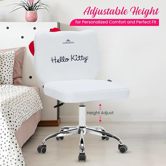 Impressions Vanity Hello Kitty Teddy Swivel Vanity Chair for Makeup Desk, Armless Rolling Chair with Wheels, Adjustable Height, 360 Degree Swing, Comfy Foam Padded Seat and Backrest (Teddy White)