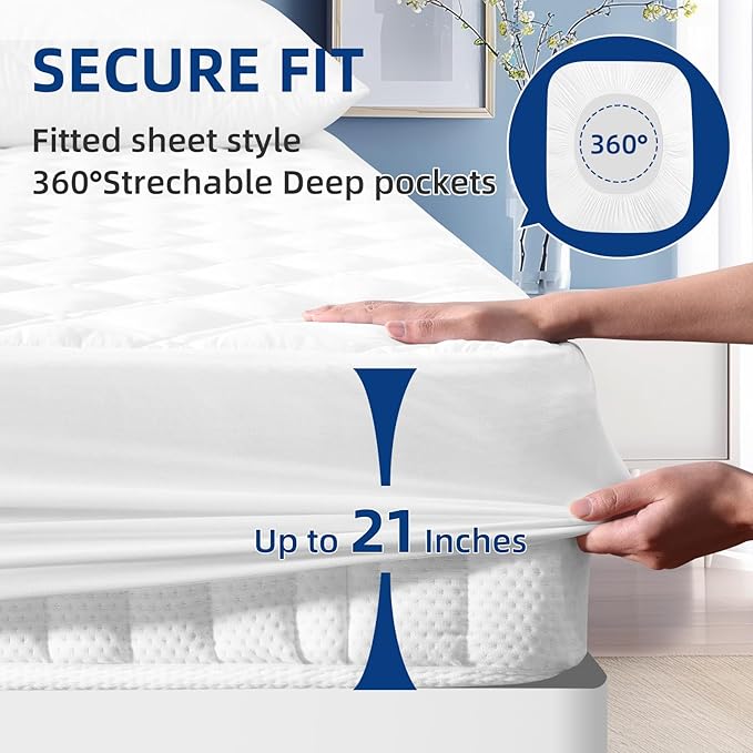 MEELUS Twin XL Mattress Protector, Breathable Waterproof Mattress Pad Cover Fitted Deep Pocket 8"-21", Soft Noiseless Mattress Cover Washable Cooling Padded ffor Home, College Dorm, White