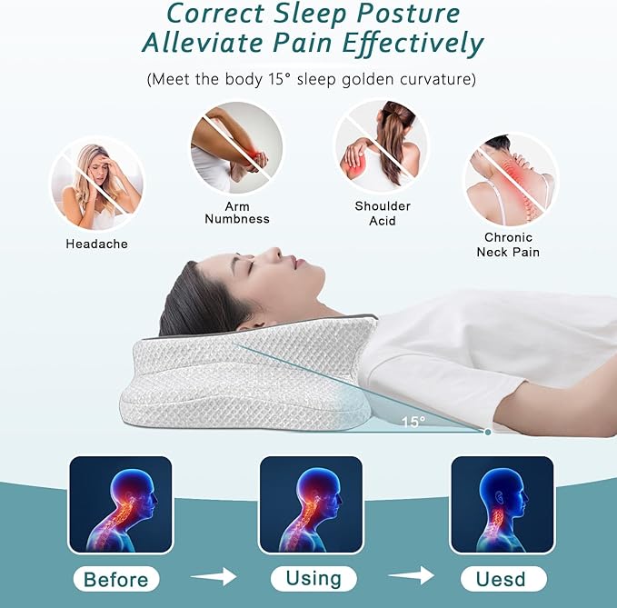 CHxxy Cervical Pillow for Neck Pain Relief, Memory Foam Pillows, Ergonomic Contour Bed Pillow, Soft for Side Sleep Stomach Sleeping and Back Sleepers-Queen Size Dark Grey&White