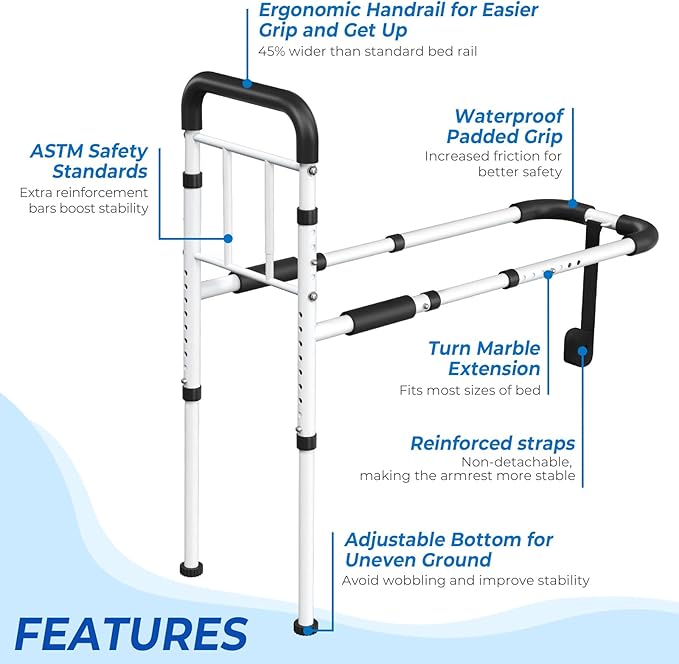 Bed Rails for Elderly Adults Safety - ASTM Approved, 350 LBS Capacity, Tool-Free Assembly, Non-Slip Ergonomic Handle with Storage Pocket, Safe Bed Rails for Seniors