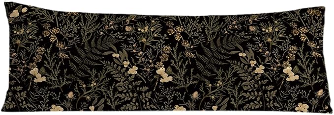 Moody Floral Botanical 20x54 Body Pillow Cover, Dark Aesthetic Room Decor, Rustic Dark Cottagecore Gold Plants Flower Botanical Decorative Long Body Pillow Cases for Bed Couch